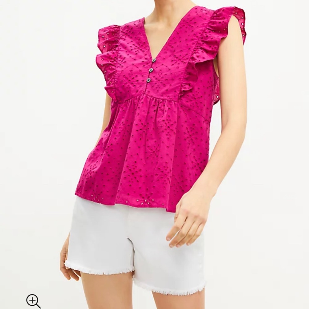 LOFT Petite pink starry eyelet ruffle top - XS